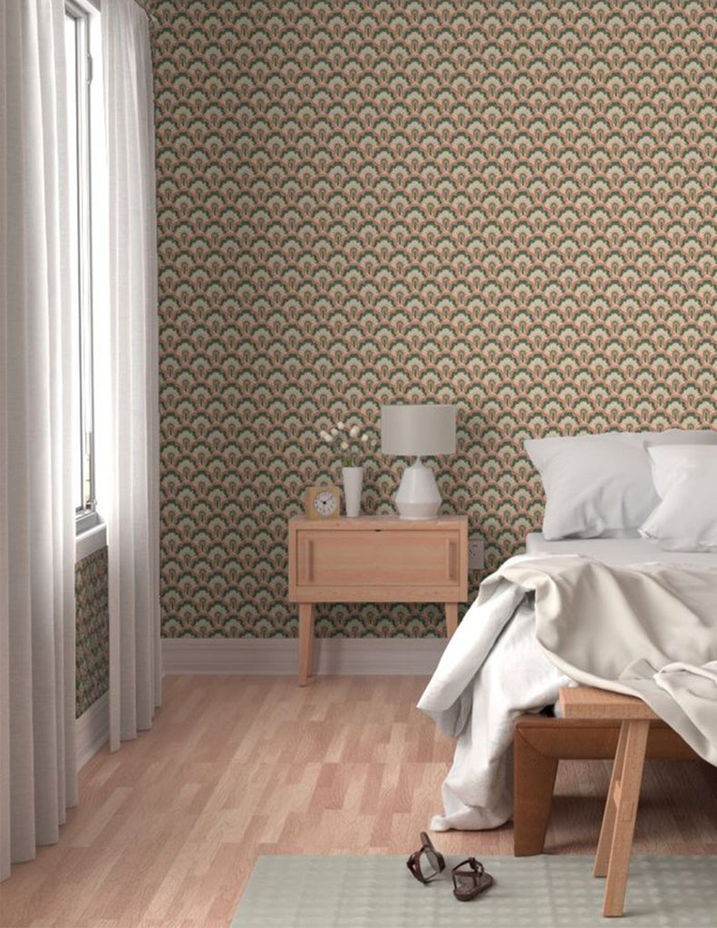 Deco Peacock -  Wallpaper - Coral, Pink & Green